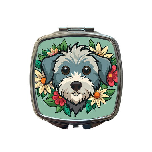 Schnoodle Head Floral Motif Green Dog Small Travel Purse Handbag Pocket Makeup Compact Mirror