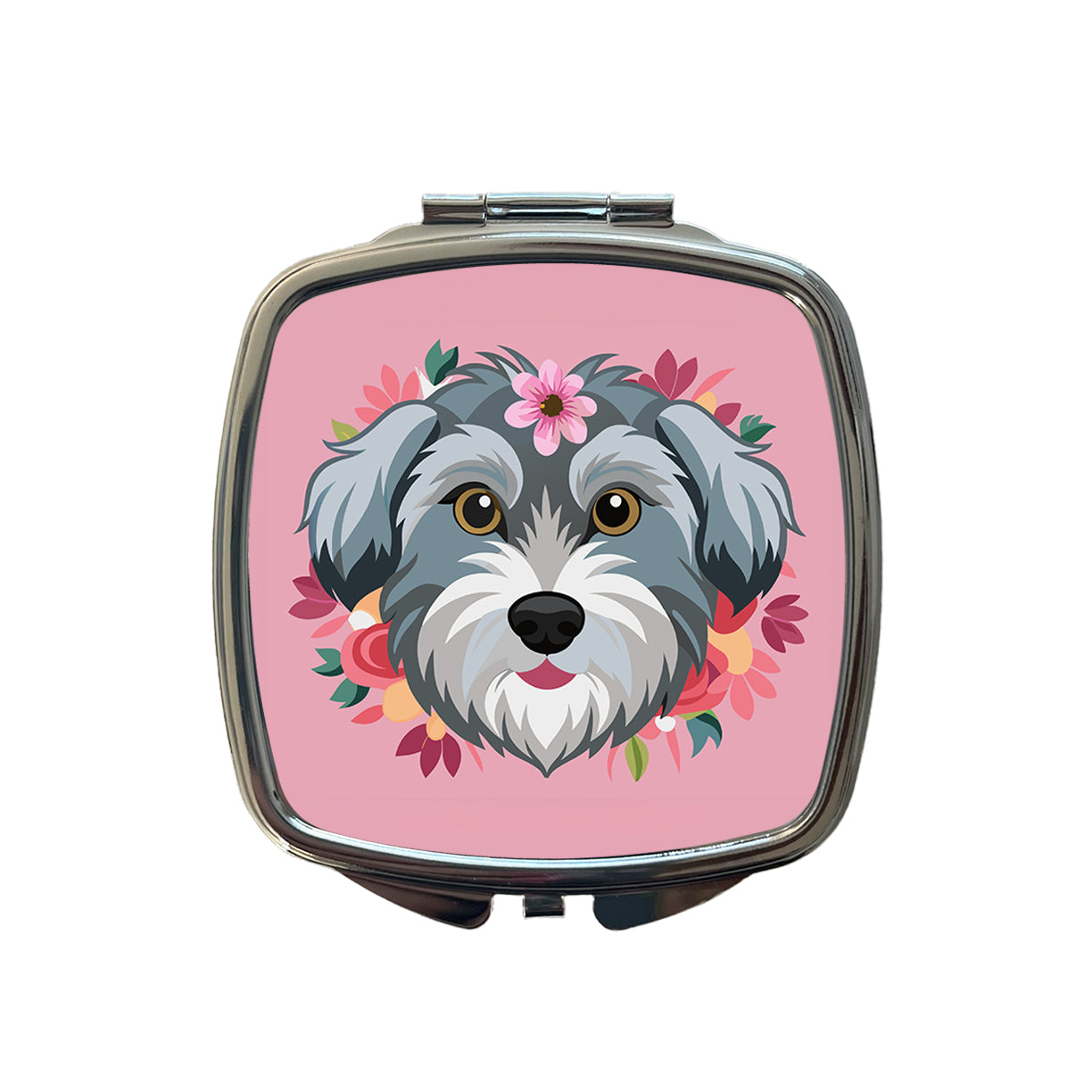 Schnoodle Head Floral Motif Pink Dog Small Travel Purse Handbag Pocket Makeup Compact Mirror
