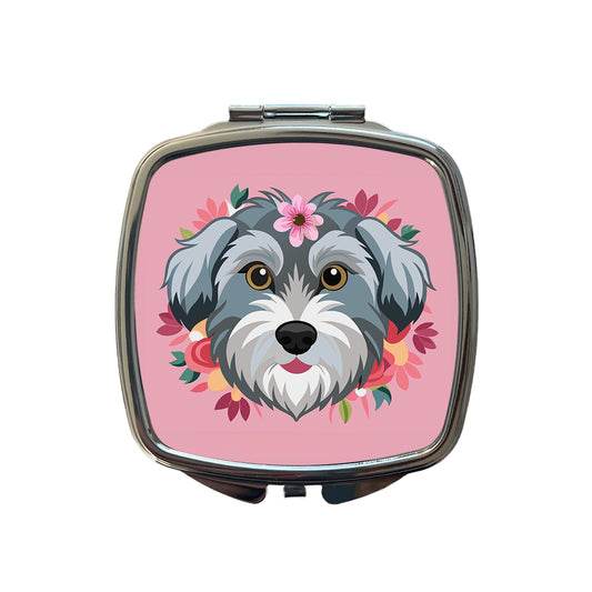 Schnoodle Head Floral Motif Pink Dog Small Travel Purse Handbag Pocket Makeup Compact Mirror