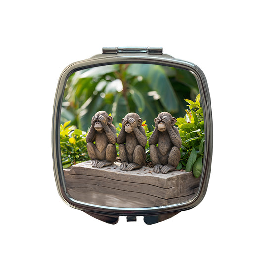 See No Evil Monkeys Funny Small Travel Purse Handbag Pocket Makeup Compact Mirror