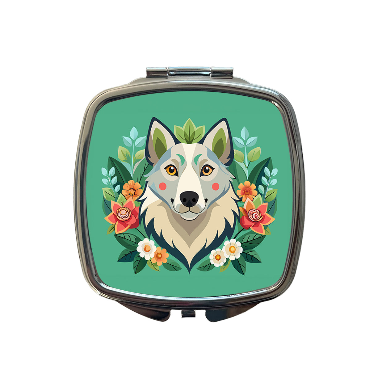 Siberian Retriever Head Floral Motif Green Dog Small Travel Purse Handbag Pocket Makeup Compact Mirror