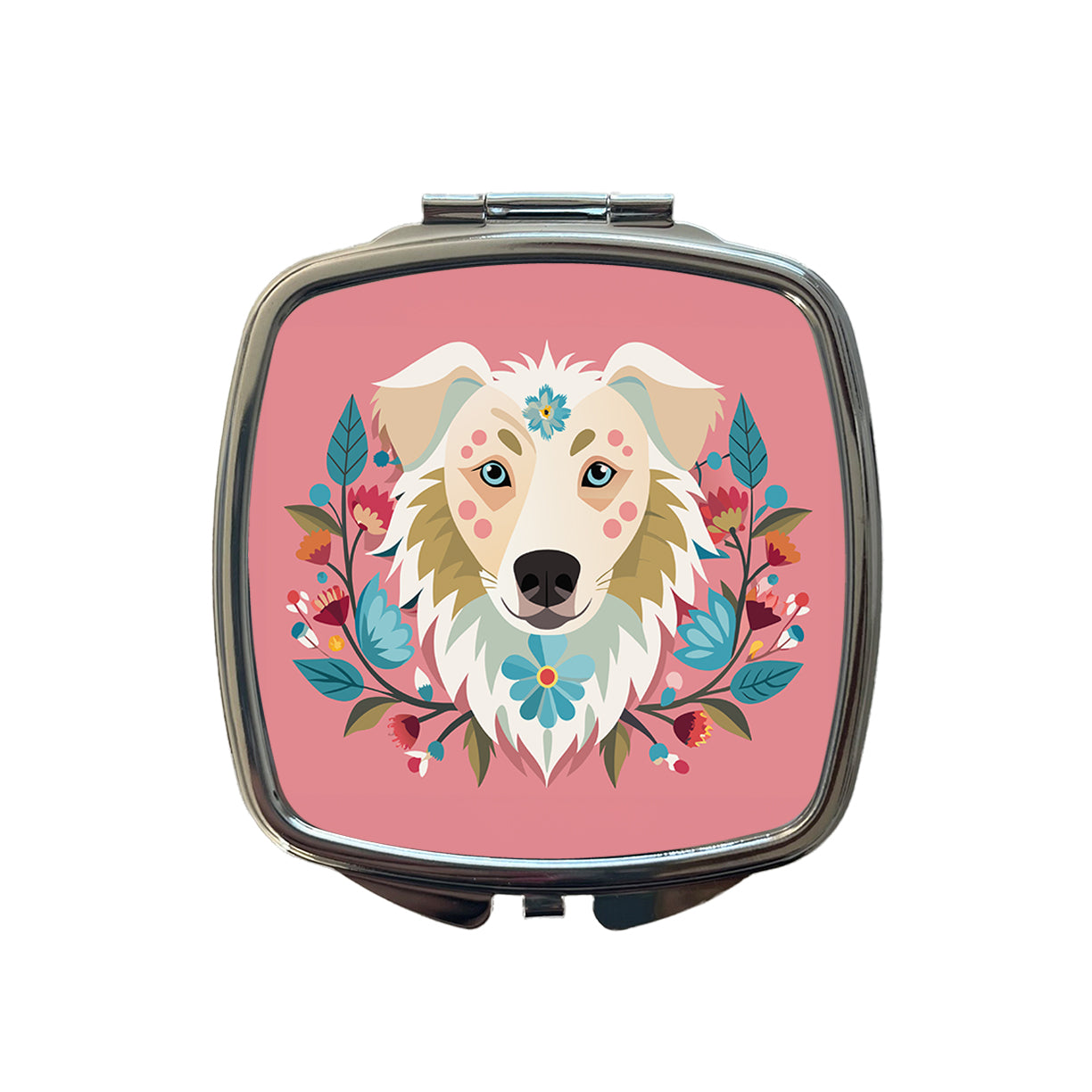 Siberian Retriever Head Floral Motif Pink Dog Small Travel Purse Handbag Pocket Makeup Compact Mirror