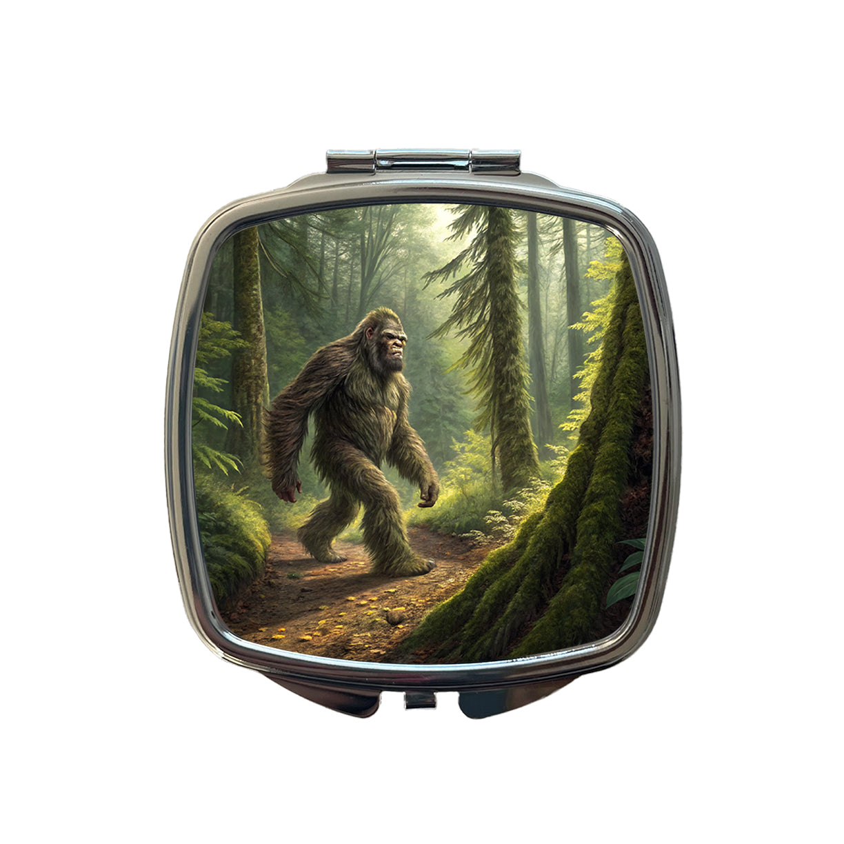 Bigfoot Hiking In Forest Small Travel Purse Handbag Pocket Makeup Compact Mirror