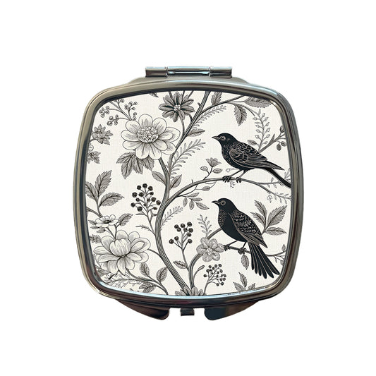 Black On White Toile With Birds Small Travel Purse Handbag Pocket Makeup Compact Mirror