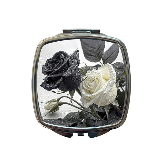 Black White Roses Dewy Small Travel Purse Handbag Pocket Makeup Compact Mirror