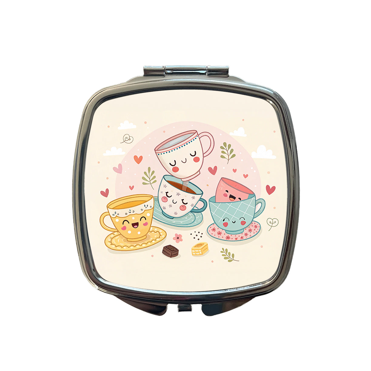 Kawaii Happy Tea Cups Small Travel Purse Handbag Pocket Makeup Compact Mirror