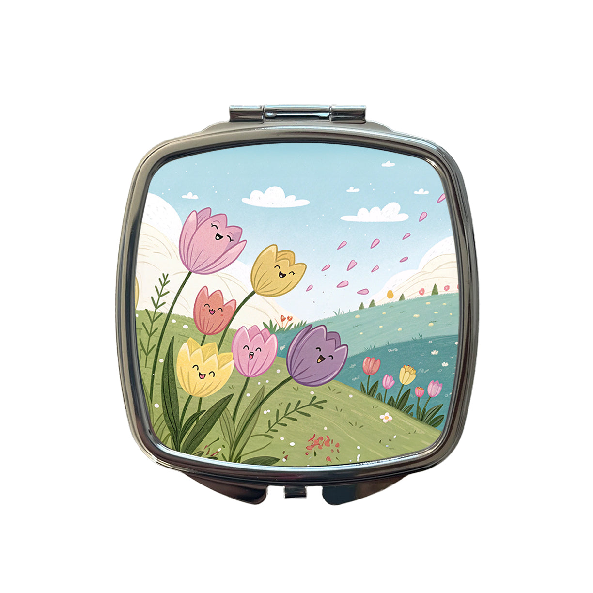 Kawaii Tulips Flowers Small Travel Purse Handbag Pocket Makeup Compact Mirror