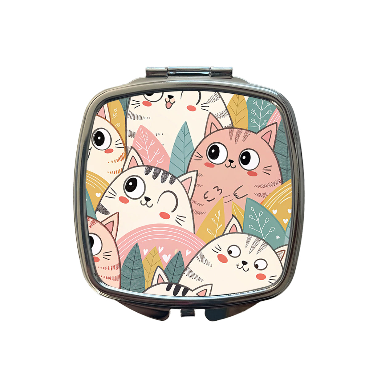 Lots Of Kawaii Adorable Cats Small Travel Purse Handbag Pocket Makeup Compact Mirror