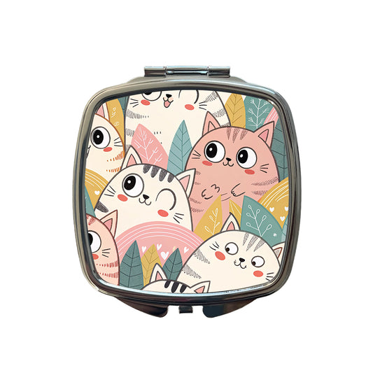 Lots Of Kawaii Adorable Cats Small Travel Purse Handbag Pocket Makeup Compact Mirror