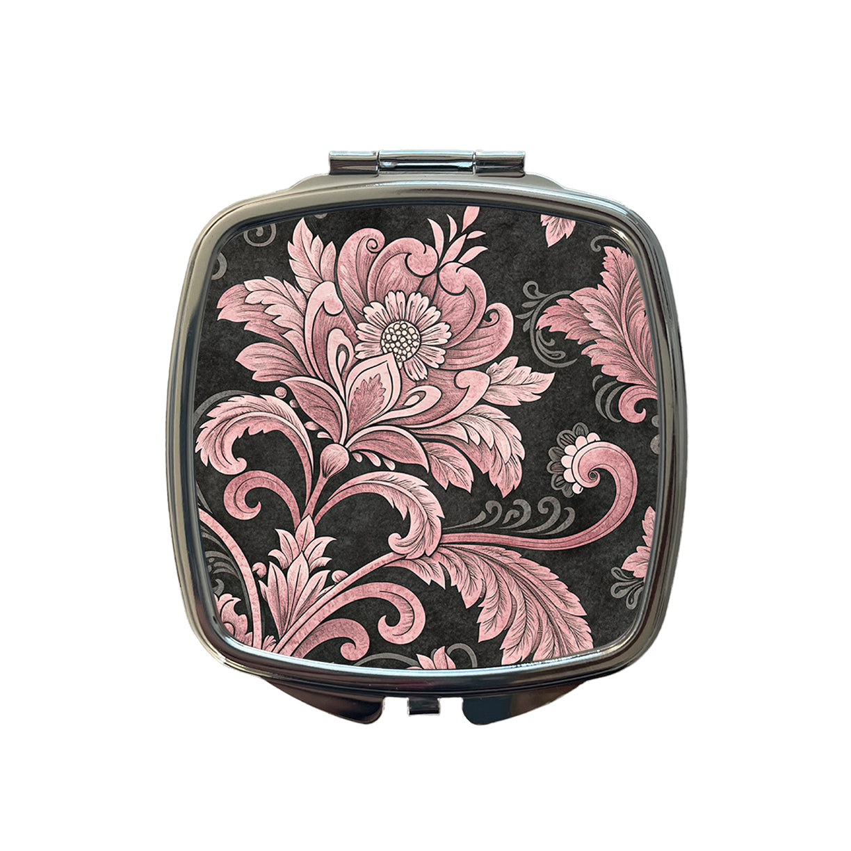 Pink Damask On Black Small Travel Purse Handbag Pocket Makeup Compact Mirror