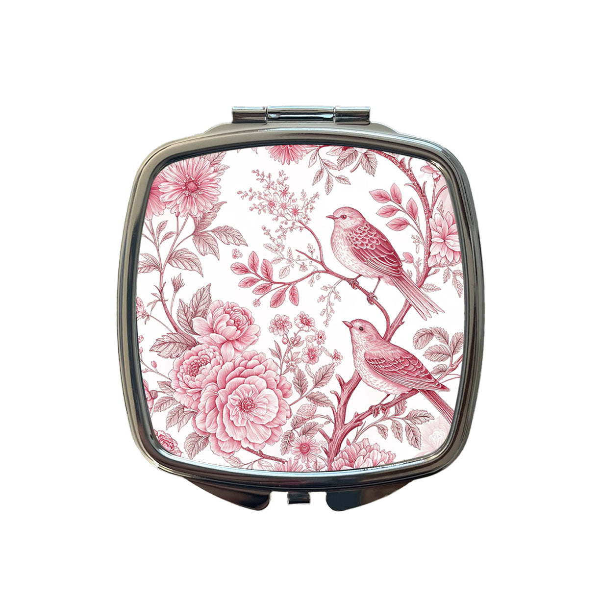 Pink On White Toile With Birds Small Travel Purse Handbag Pocket Makeup Compact Mirror