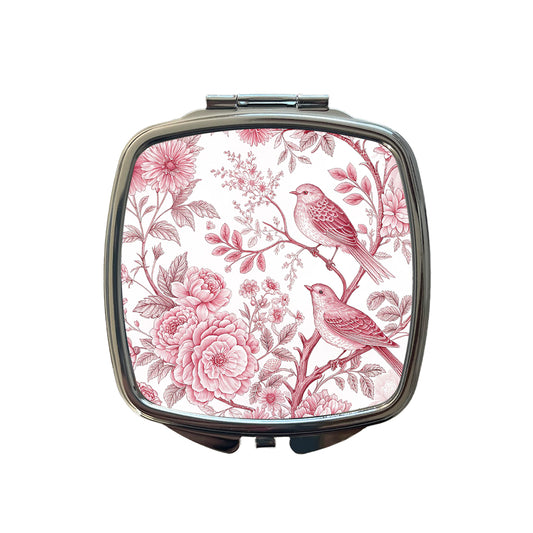 Pink On White Toile With Birds Small Travel Purse Handbag Pocket Makeup Compact Mirror
