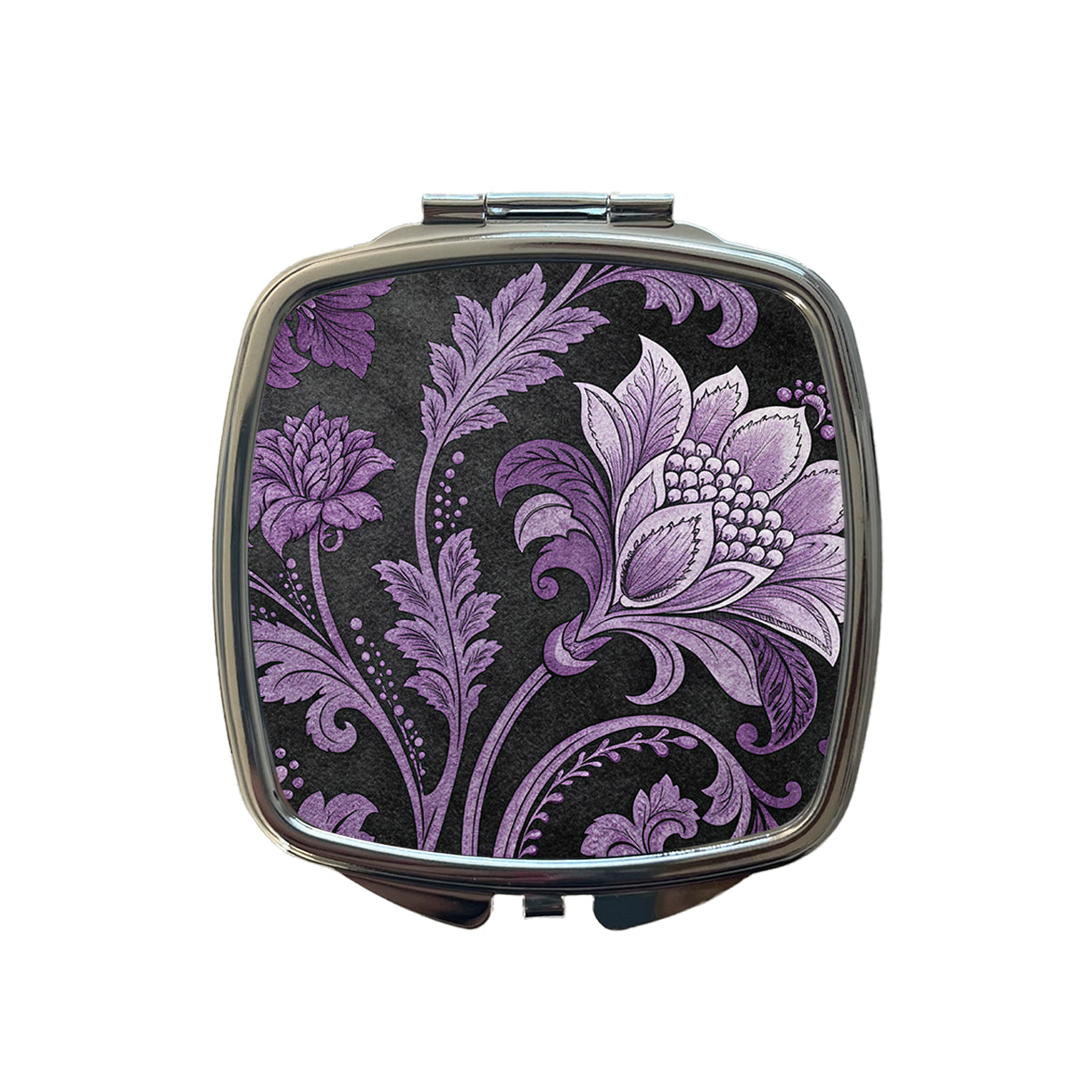 Purple Damask On Black Small Travel Purse Handbag Pocket Makeup Compact Mirror