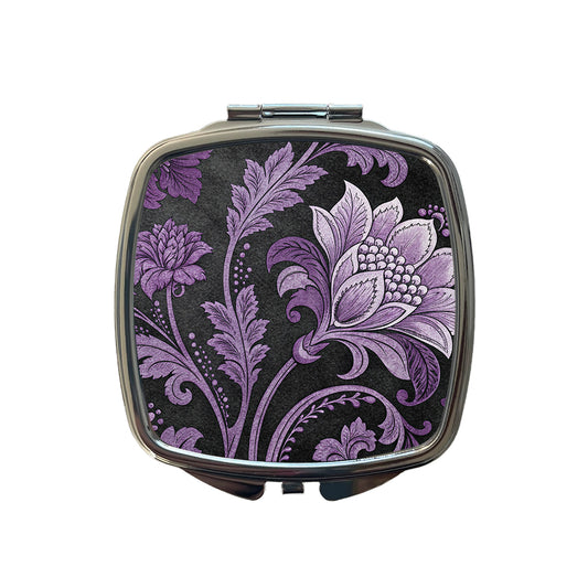 Purple Damask On Black Small Travel Purse Handbag Pocket Makeup Compact Mirror
