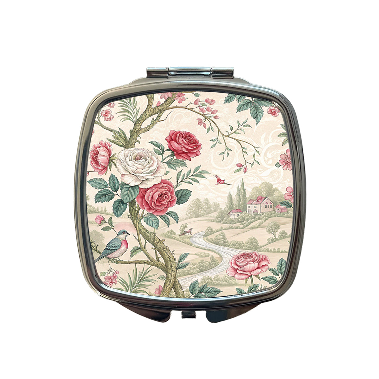 Toile Pattern Flowers Birds Small Travel Purse Handbag Pocket Makeup Compact Mirror