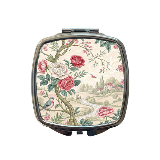 Toile Pattern Flowers Birds Small Travel Purse Handbag Pocket Makeup Compact Mirror