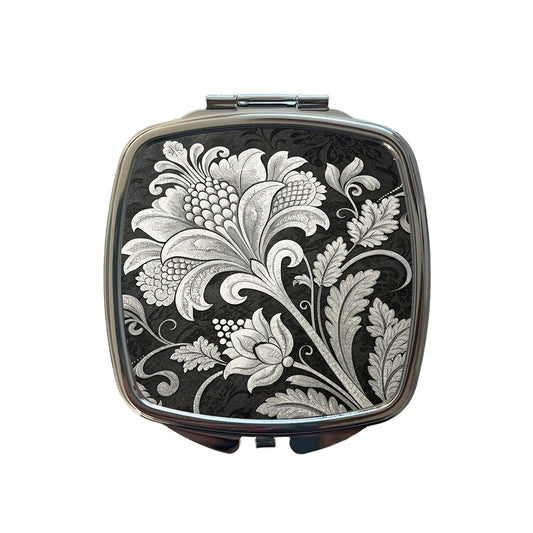 White Damask On Black Small Travel Purse Handbag Pocket Makeup Compact Mirror