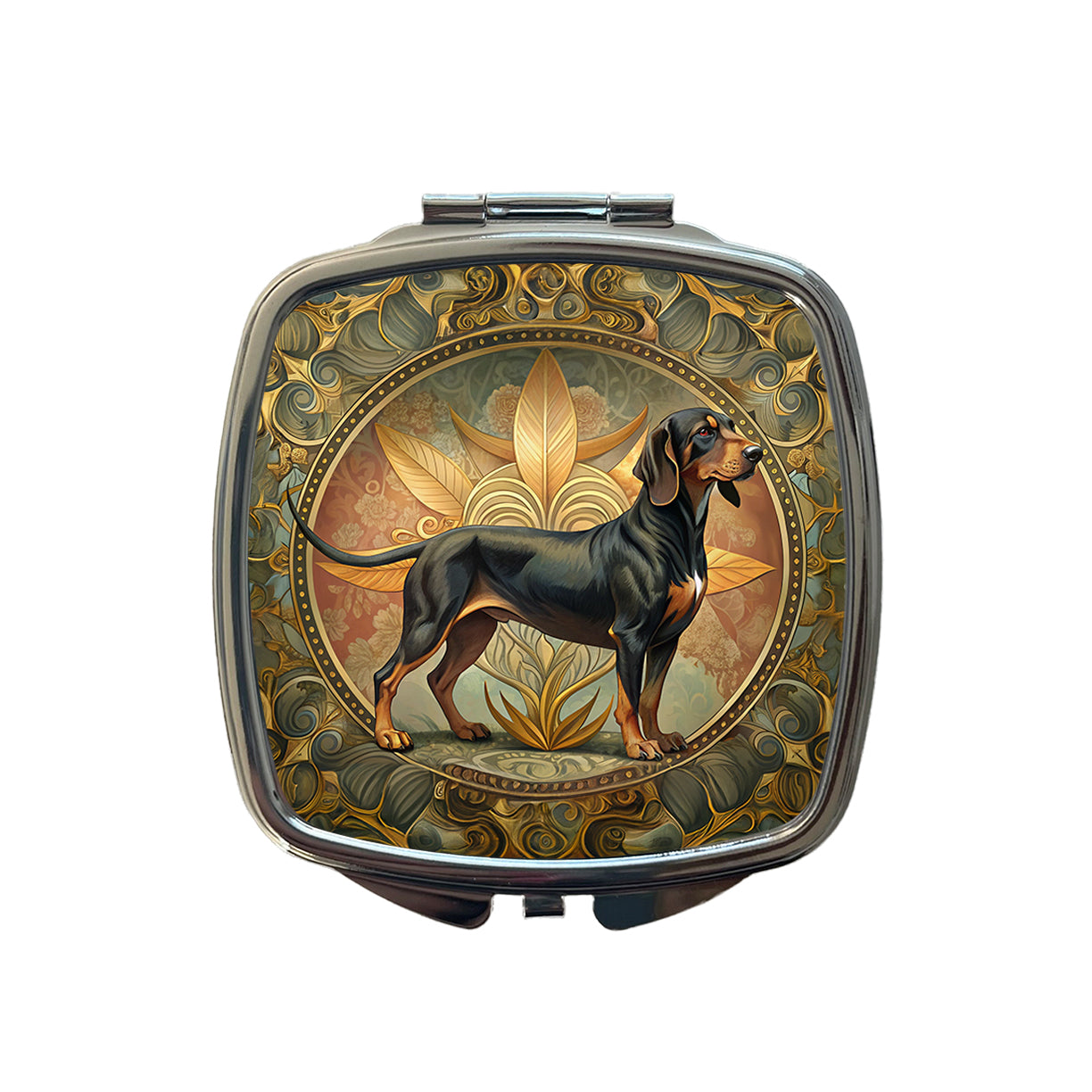 Black And Tan Coonhound Dog Art Nouveau Small Travel Purse Handbag Pocket Makeup Compact Mirror