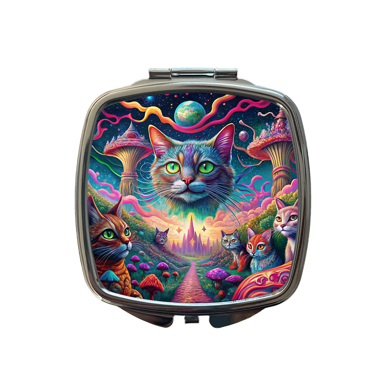 Psychedelic Cats Vibrant Colors Small Travel Purse Handbag Pocket Makeup Compact Mirror
