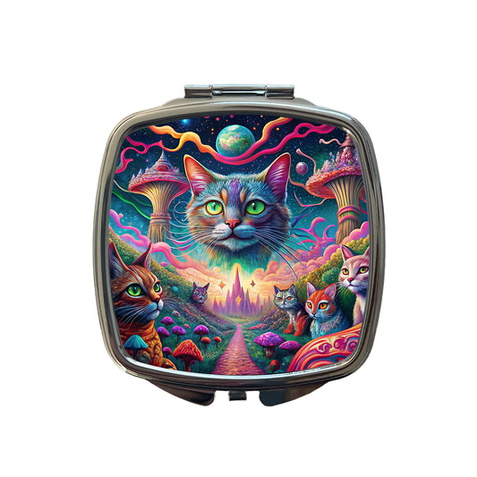 Psychedelic Cats Vibrant Colors Small Travel Purse Handbag Pocket Makeup Compact Mirror