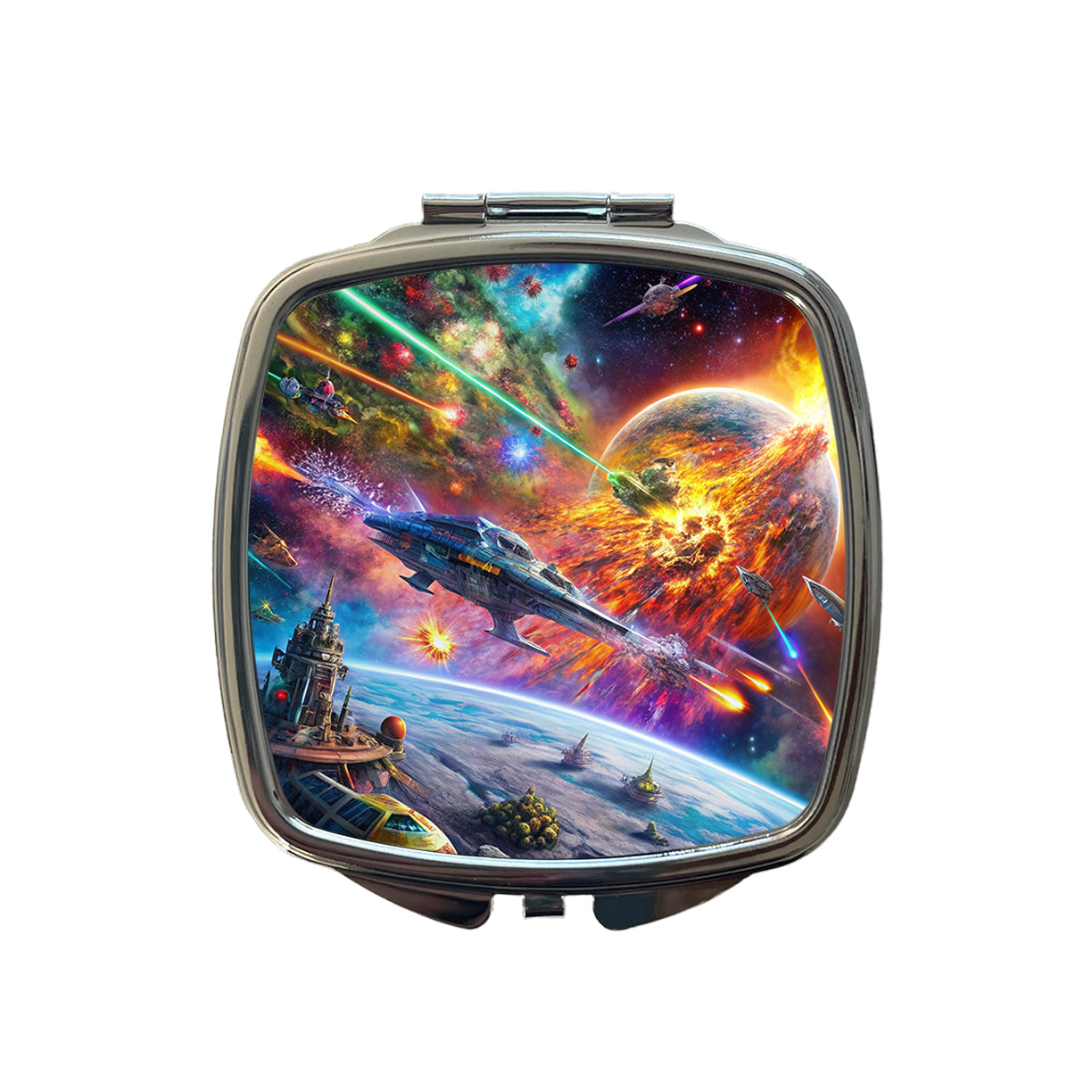 Psychedelic Colorful Space Sci-fi Starship Battle Small Travel Purse Handbag Pocket Makeup Compact Mirror