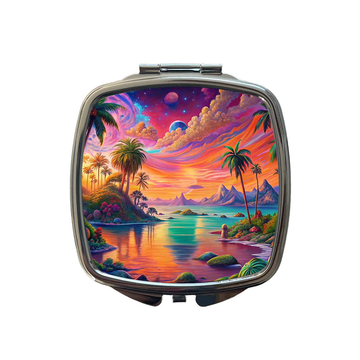 Psychedelic Colorful Tropical Beach Scene Small Travel Purse Handbag Pocket Makeup Compact Mirror