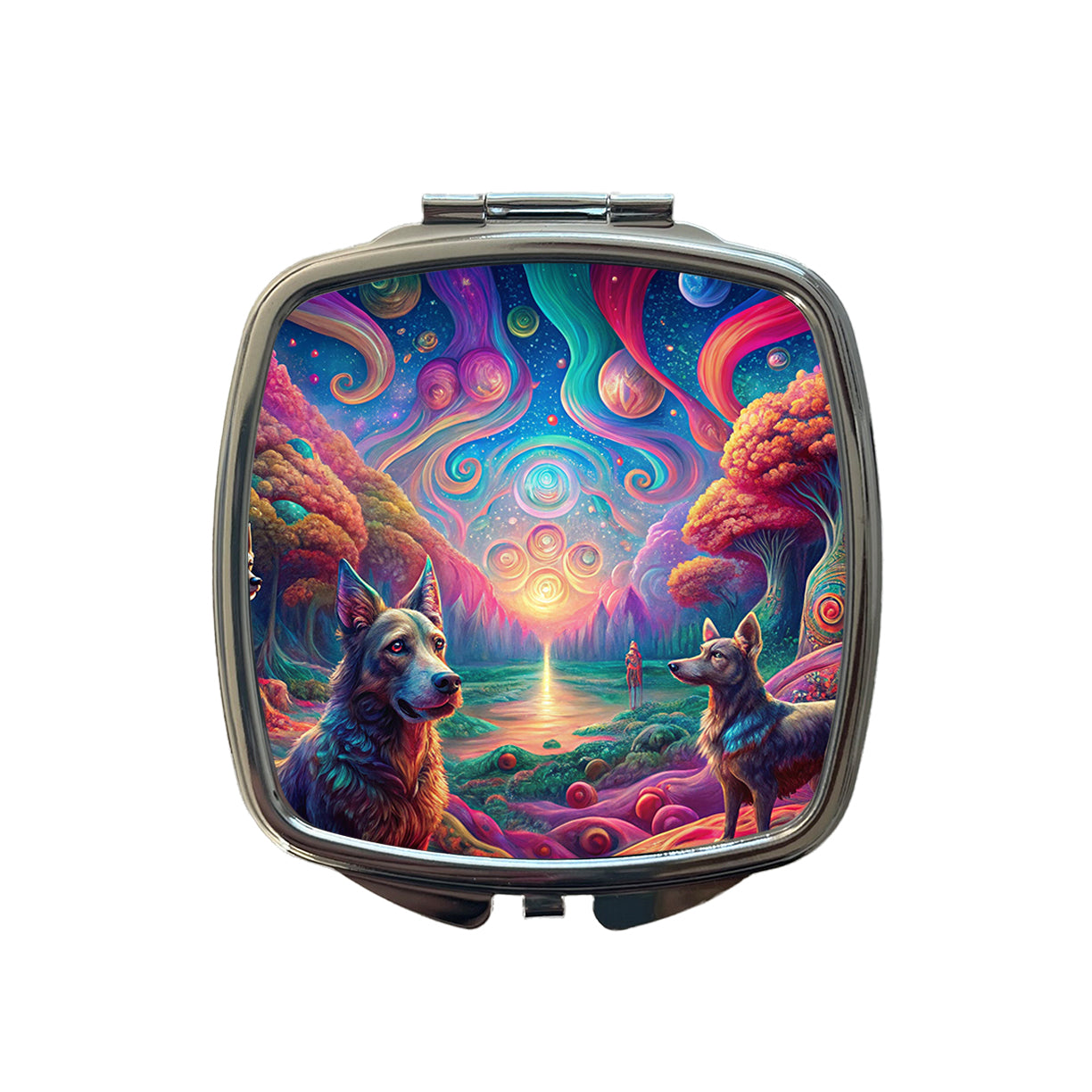 Psychedelic Dogs Vibrant Colors Small Travel Purse Handbag Pocket Makeup Compact Mirror
