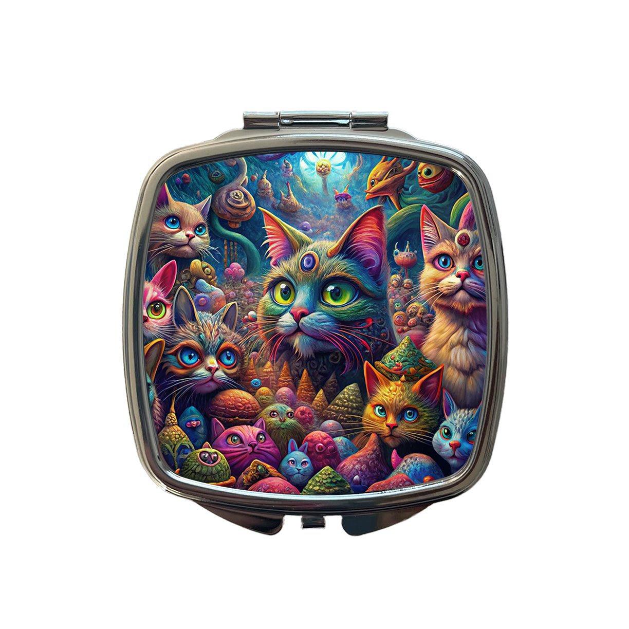 Psychedelic Lots of Cats Vibrant Colors Small Travel Purse Handbag Pocket Makeup Compact Mirror