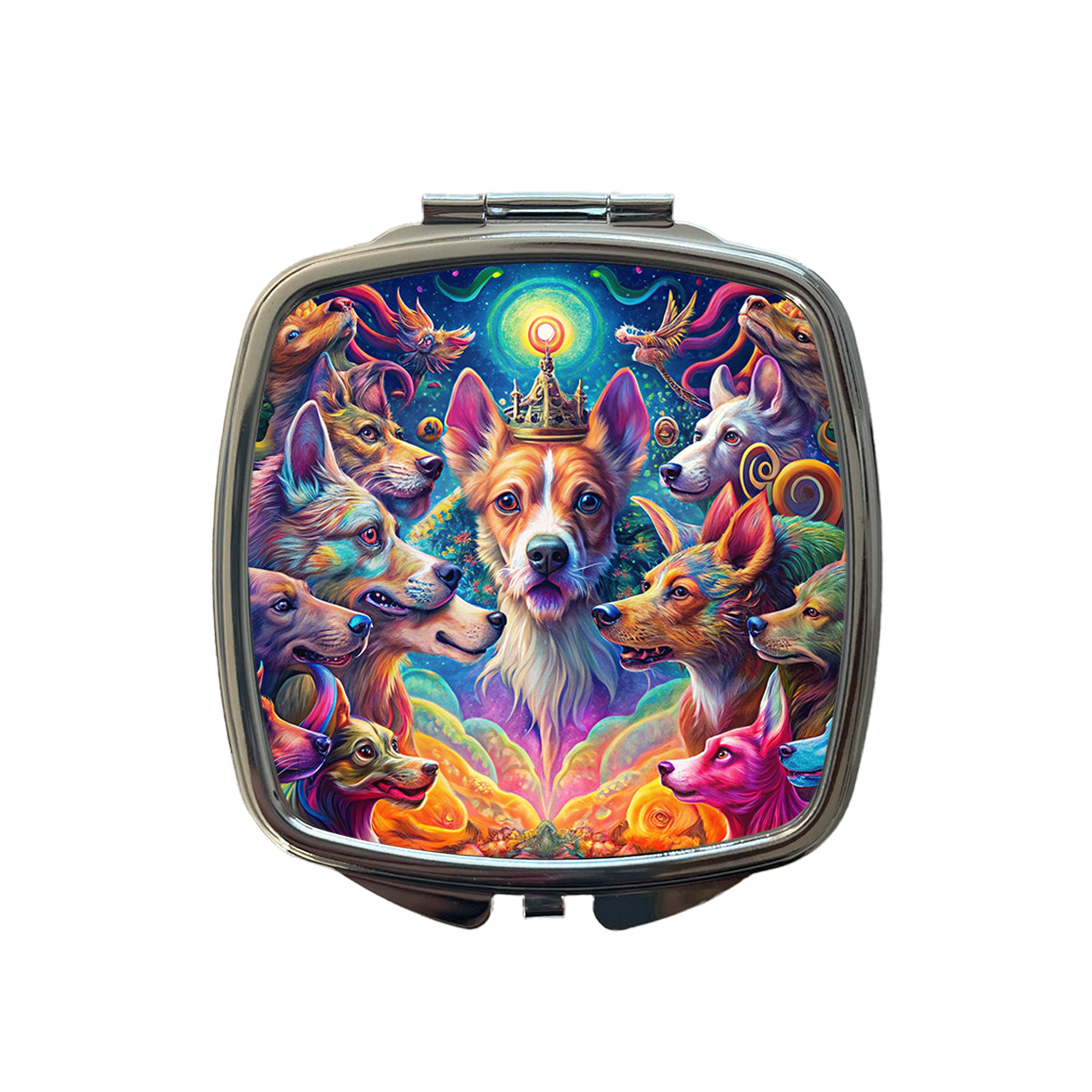 Psychedelic Lots of Dogs Vibrant Colors Small Travel Purse Handbag Pocket Makeup Compact Mirror