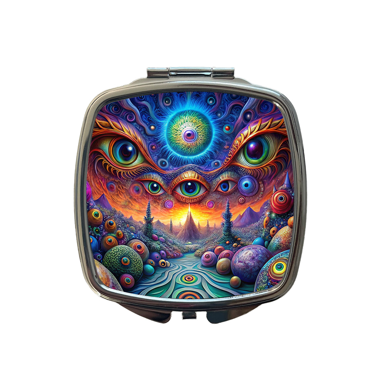 Psychedelic Lots of Eyes Vibrant Colors Small Travel Purse Handbag Pocket Makeup Compact Mirror