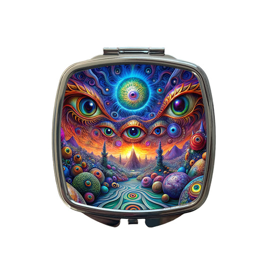 Psychedelic Lots of Eyes Vibrant Colors Small Travel Purse Handbag Pocket Makeup Compact Mirror