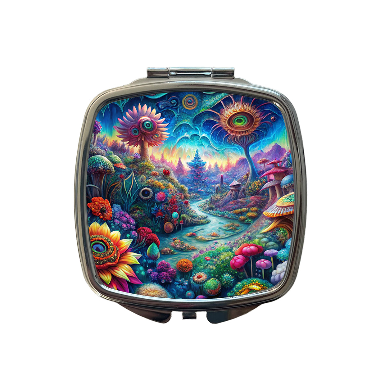 Psychedelic Lots of Flowers Vibrant Colors Small Travel Purse Handbag Pocket Makeup Compact Mirror