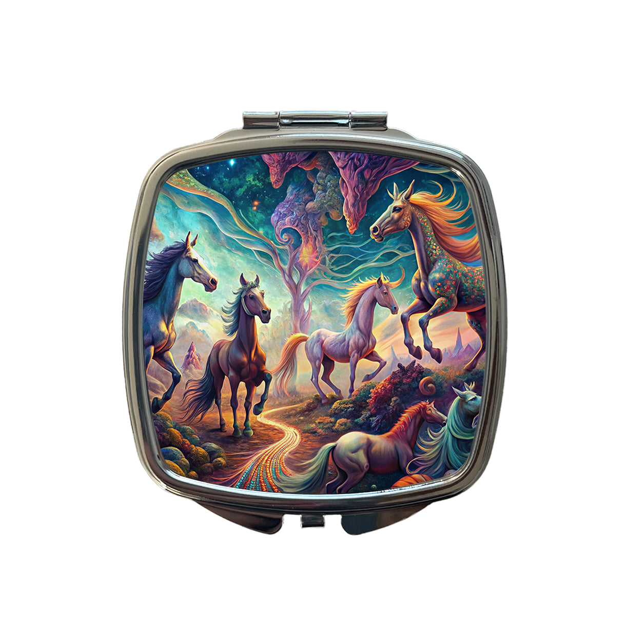 Psychedelic Lots of Horses Vibrant Colors Small Travel Purse Handbag Pocket Makeup Compact Mirror
