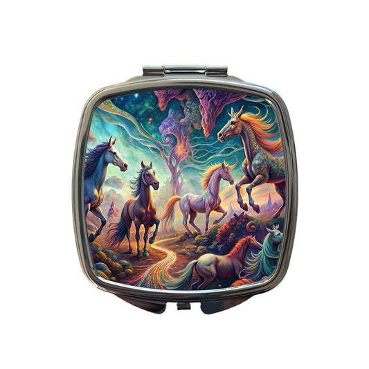 Psychedelic Lots of Horses Vibrant Colors Small Travel Purse Handbag Pocket Makeup Compact Mirror