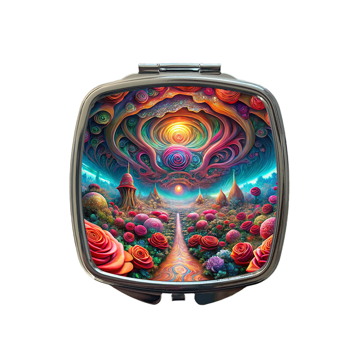 Psychedelic Lots of Roses Vibrant Colors Small Travel Purse Handbag Pocket Makeup Compact Mirror