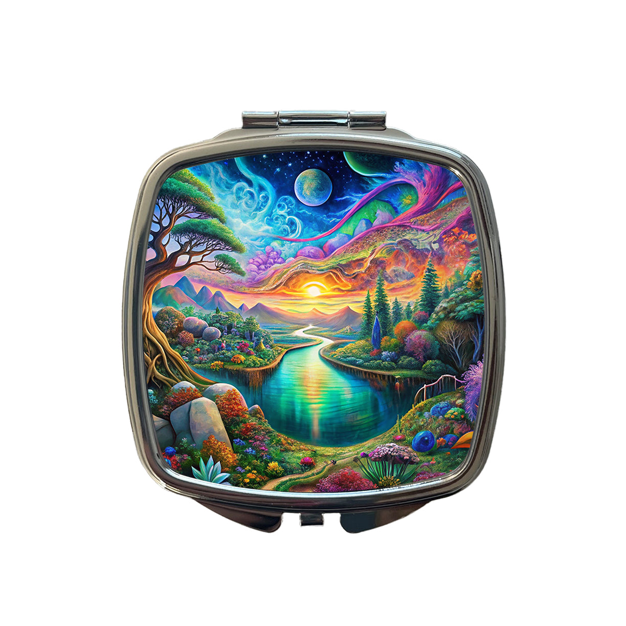 Psychedelic Nature Lake Vibrant Colors Small Travel Purse Handbag Pocket Makeup Compact Mirror