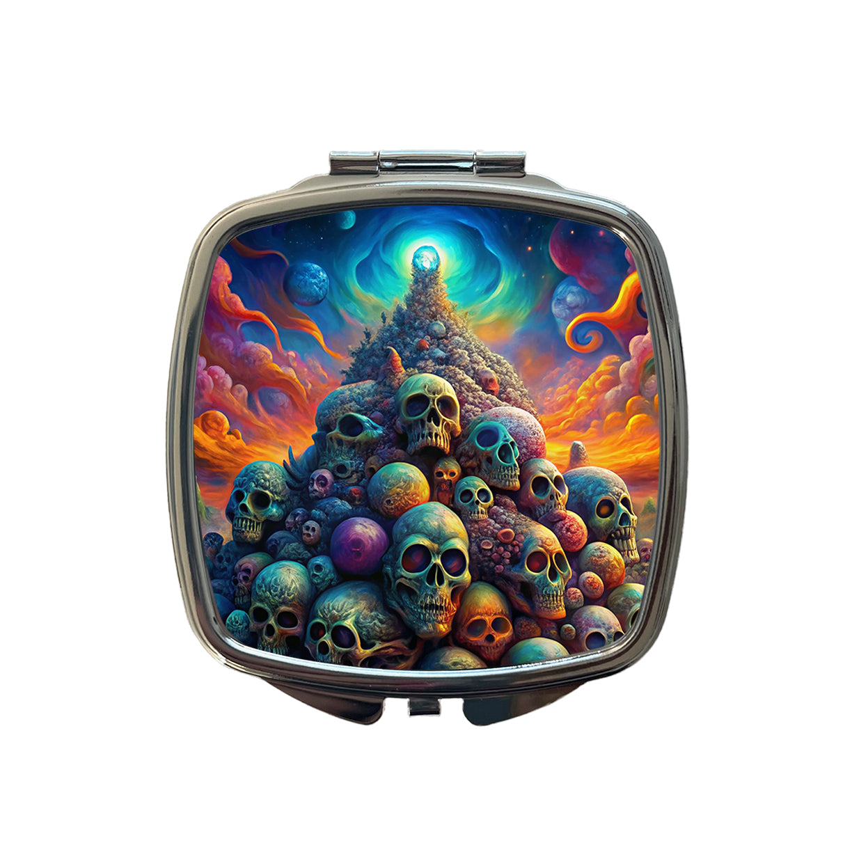 Psychedelic Pile Of Skulls Vibrant Colors Small Travel Purse Handbag Pocket Makeup Compact Mirror