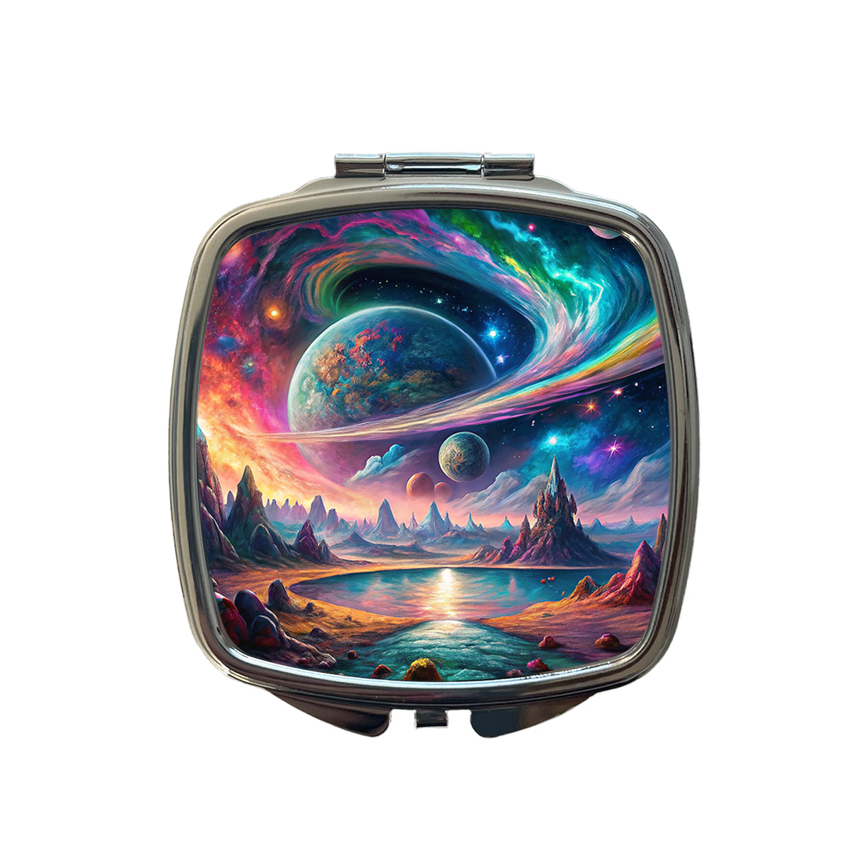 Psychedelic Space Galaxy Planet Vibrant Colors Small Travel Purse Handbag Pocket Makeup Compact Mirror