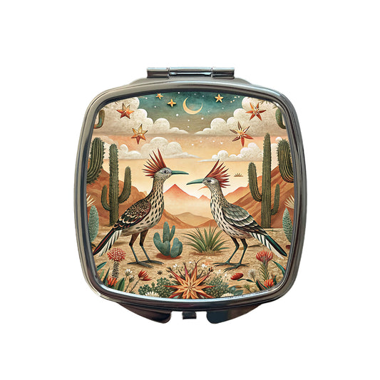 Southwestern Desert Tribal Roadrunners Design Small Travel Purse Handbag Pocket Makeup Compact Mirror