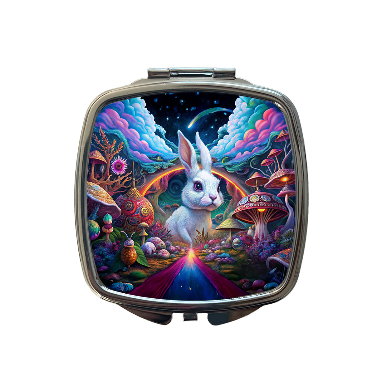 White Rabbit Psychedelic Trippy Wonderland Design Small Travel Purse Handbag Pocket Makeup Compact Mirror