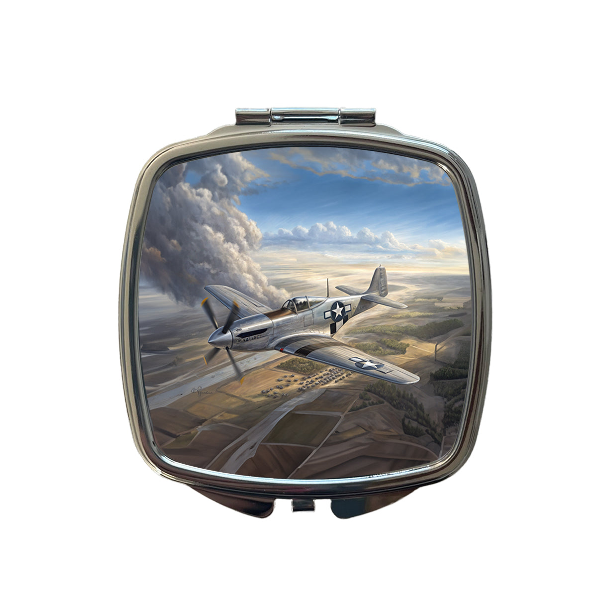 WWII Mustang Fighter Plane In Flight Small Travel Purse Handbag Pocket Makeup Compact Mirror