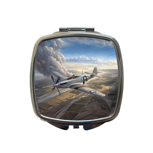 WWII Mustang Fighter Plane In Flight Small Travel Purse Handbag Pocket Makeup Compact Mirror