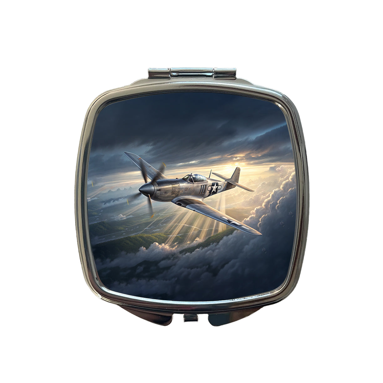 WWII Mustang US Air Force Fighter Plane In Flight Small Travel Purse Handbag Pocket Makeup Compact Mirror