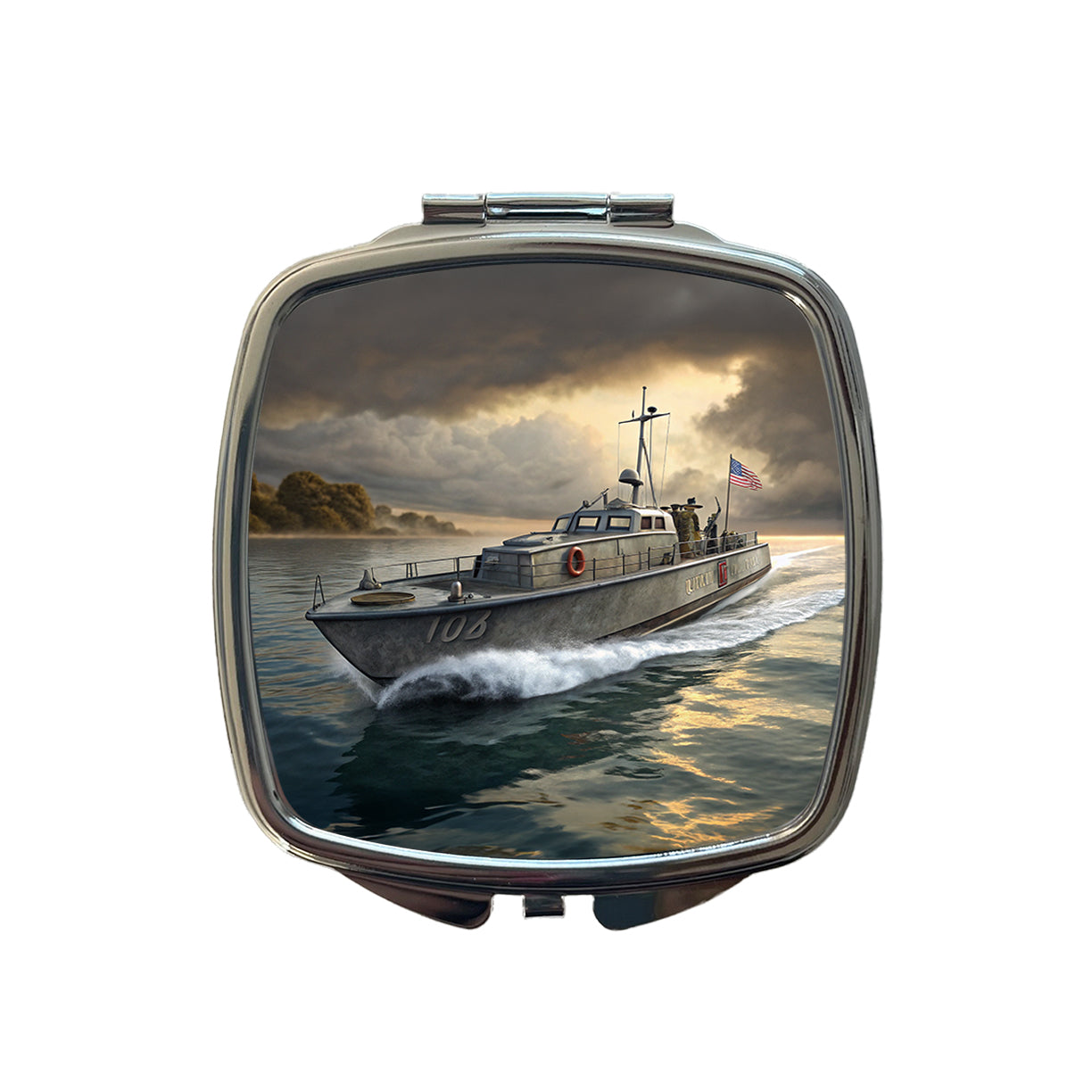 WWII US Navy PT Patrol Boat Small Travel Purse Handbag Pocket Makeup Compact Mirror