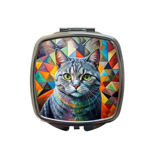 British Shorthair Gray Cat Abstract Art Small Travel Purse Handbag Pocket Makeup Compact Mirror
