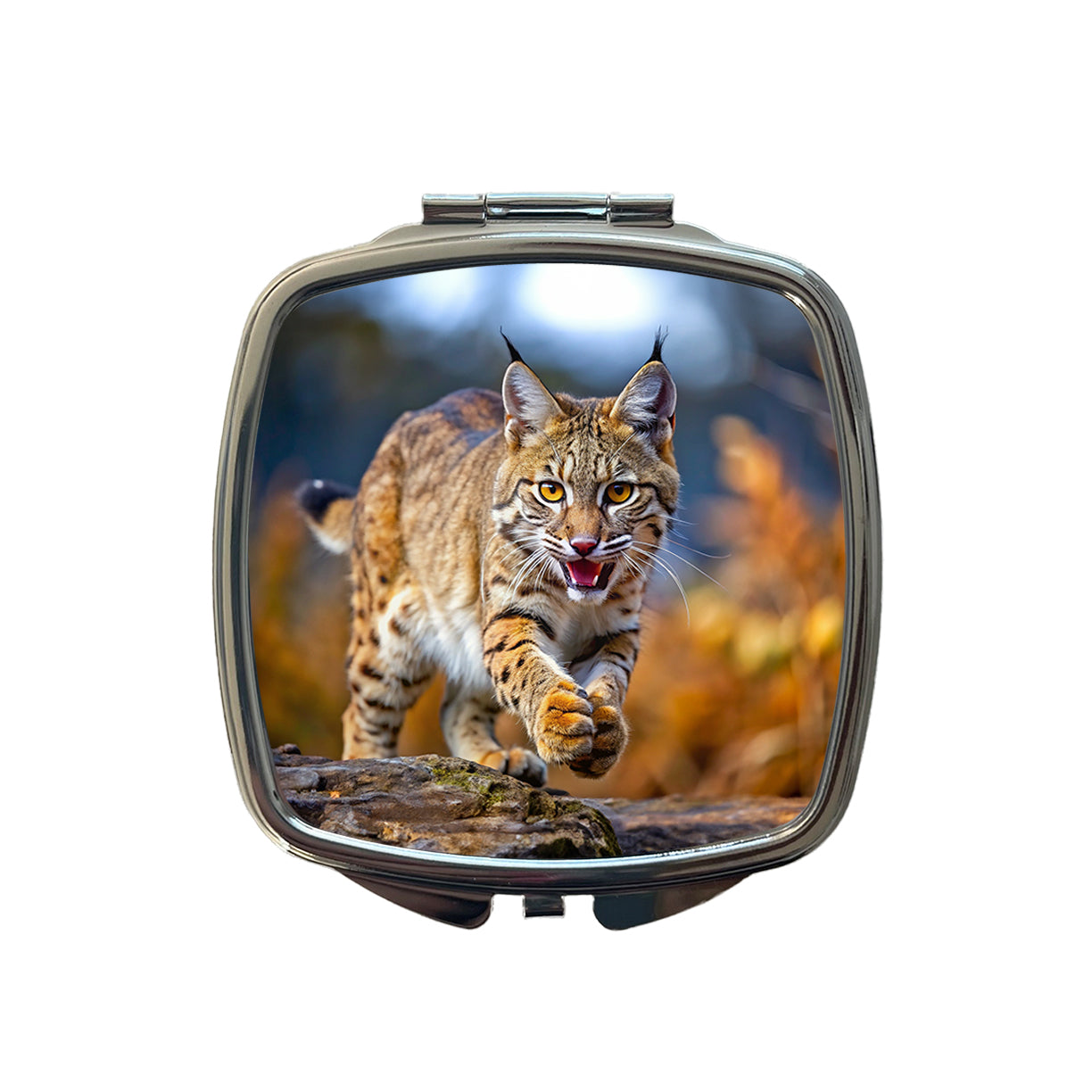 Bobcat Leaping To Catch Prey Small Travel Purse Handbag Pocket Makeup Compact Mirror