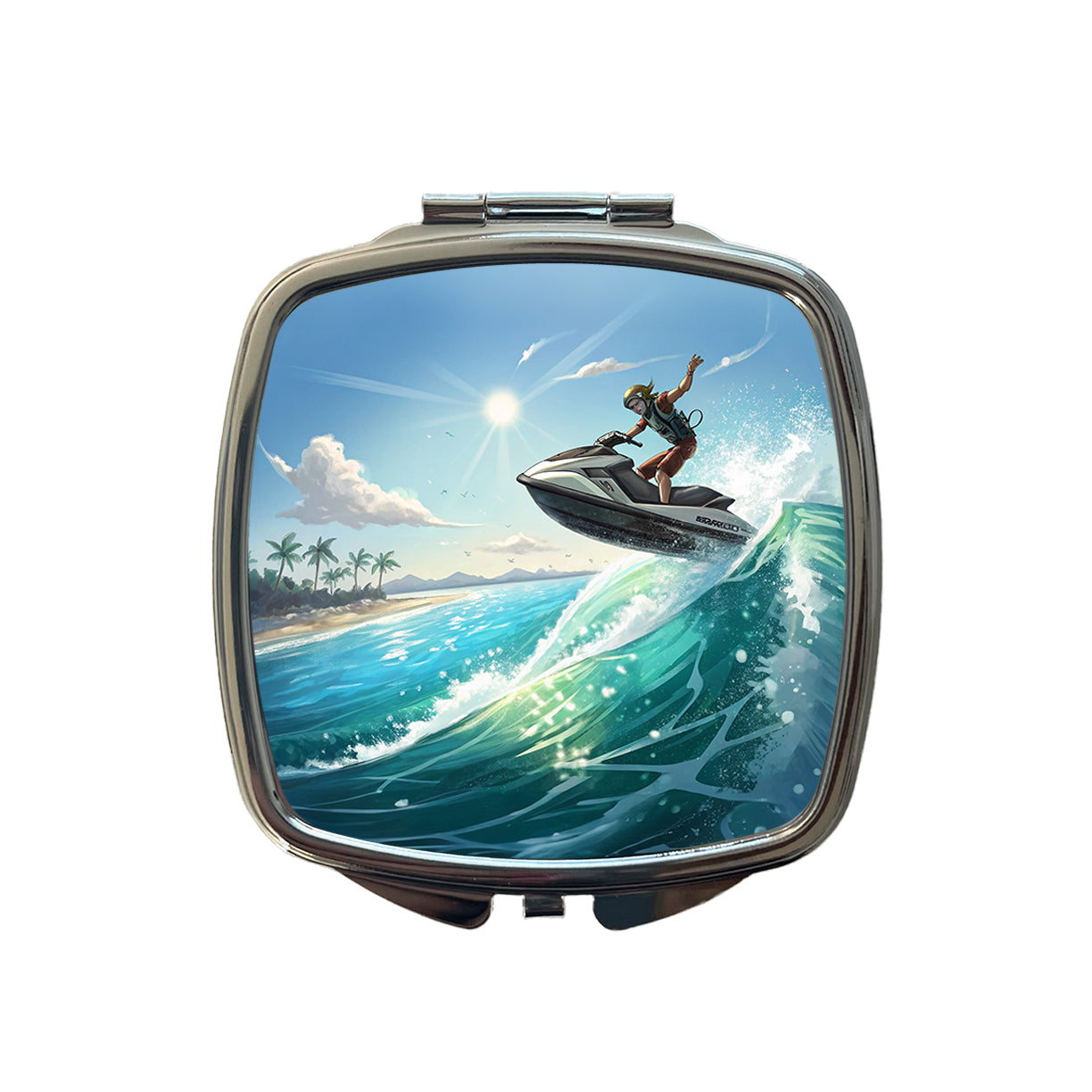 Jet Ski Skiing at Tropical Beach Small Travel Purse Handbag Pocket Makeup Compact Mirror