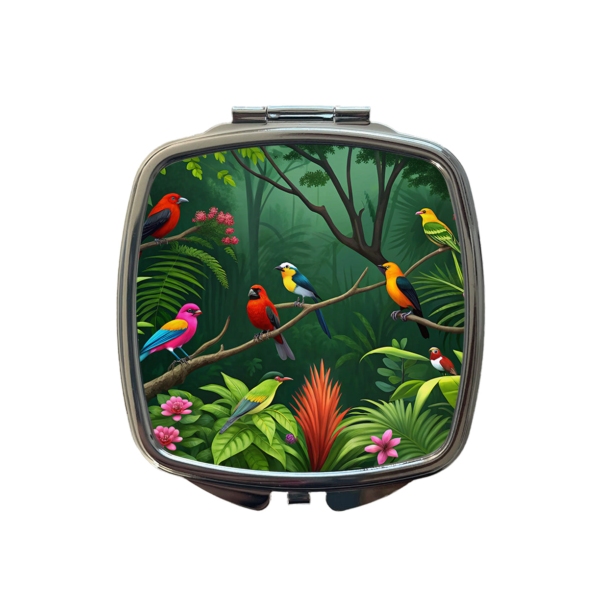 Birds In Jungle Trees Ferns Small Travel Purse Handbag Pocket Makeup Compact Mirror
