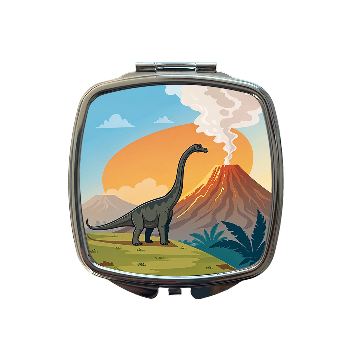 Brachiosaurus Volcano Colorful Dinosaur Small Travel Purse Handbag Pocket Makeup Compact Mirror