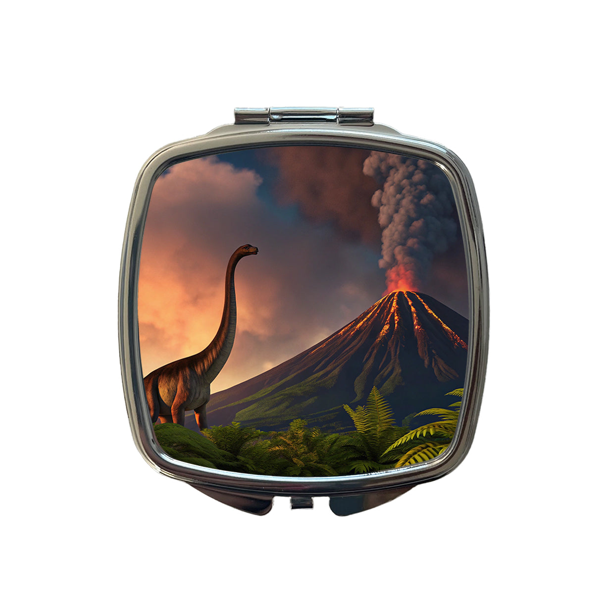Brontosaurus Volcano Erupting Dinosaur Small Travel Purse Handbag Pocket Makeup Compact Mirror